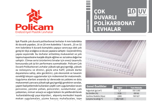 Çok Duvarlı Polikarbonat Levha Teknik Föy